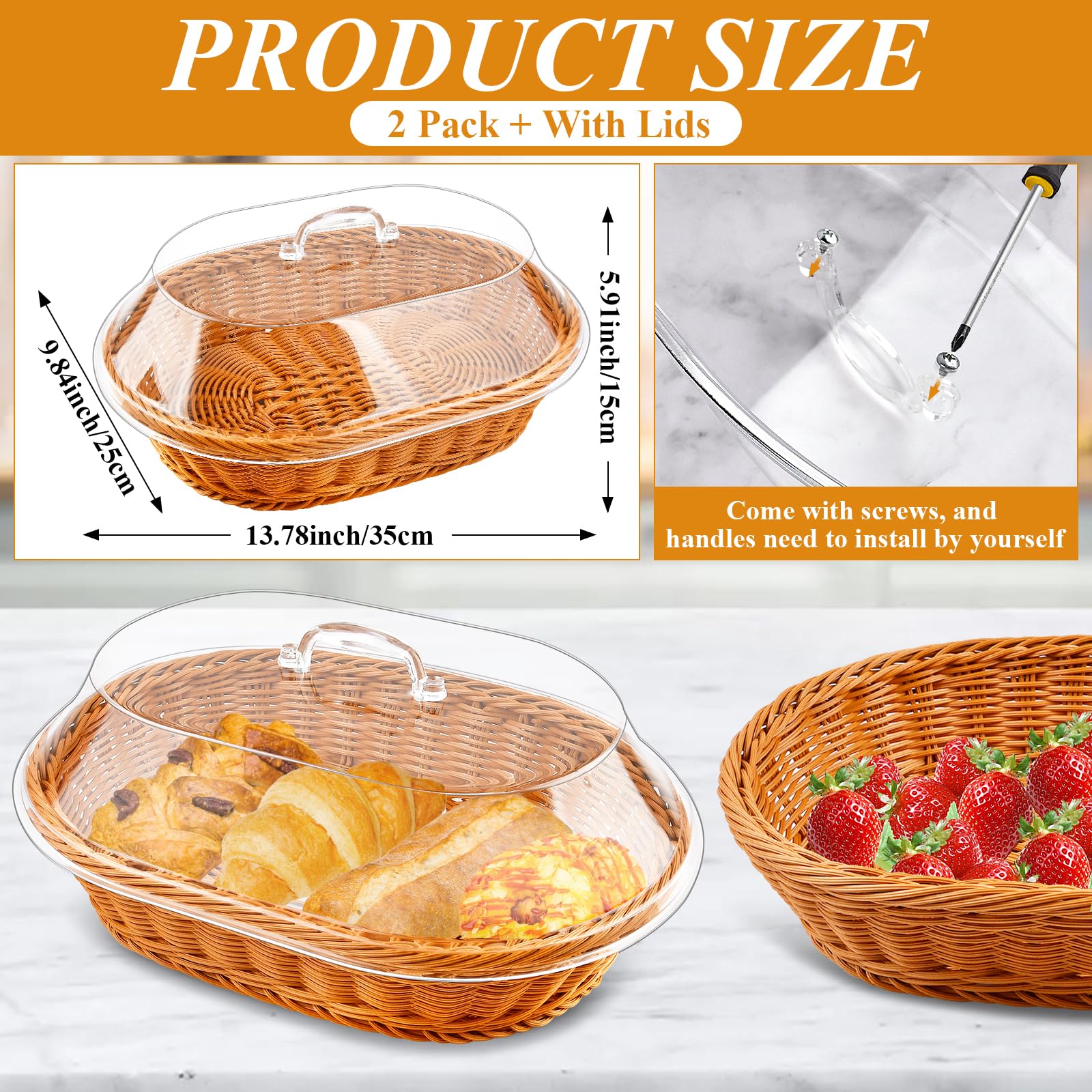 Milkary 2 Pack Wicker Bread Basket with Acrylic Lid, Imitation Rattan Bread Basket, Oval Woven Fruit Basket with Cover for Food Vegetables Display (13.78x9.84x5.91 In)