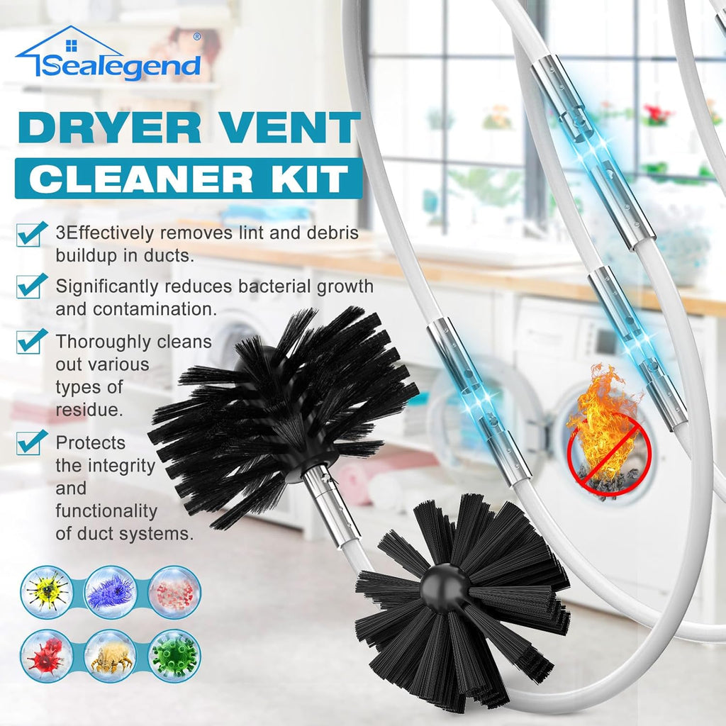 Sealegend Dryer Vent Cleaner Kit - 30 Feet Lint Remover with Upgraded Flexible Brush & Drill Attachment