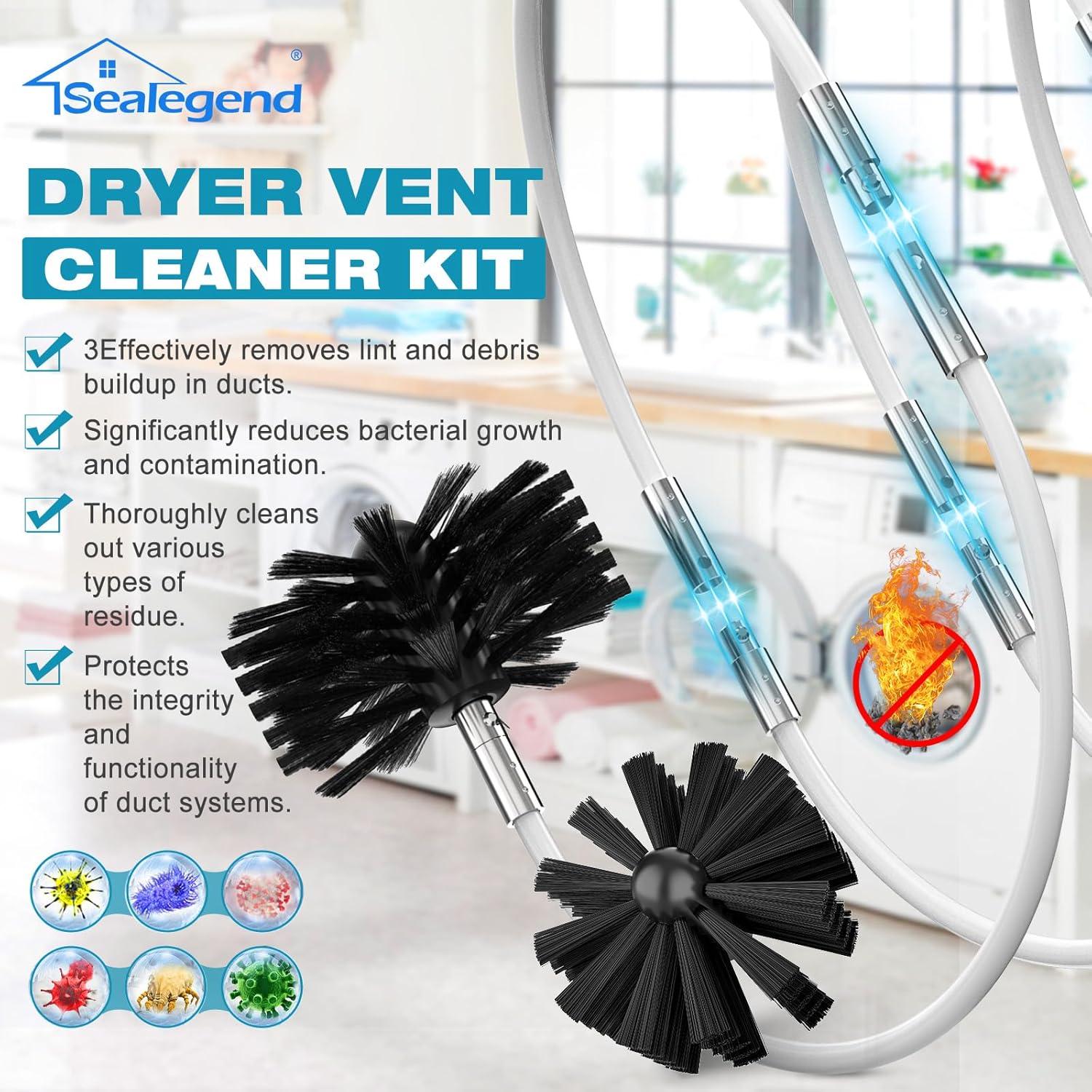 Sealegend Dryer Vent Cleaner Kit - 30 Feet Lint Remover with Upgraded Flexible Brush & Drill Attachment