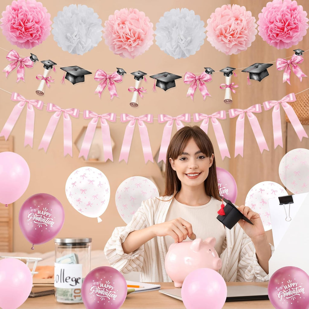 Regine Switzerland Pink Bow Graduation Decorations - 22PCS Party Supplies with Banner & Balloons