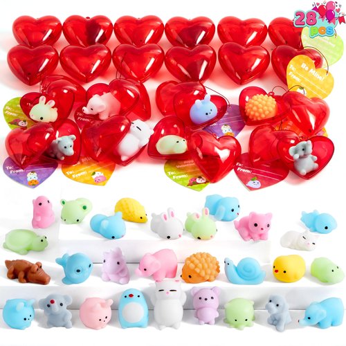 JOYIN 28 PCS Valentine’s Day Mochi Squishy Toys Filled Hearts and Gift Cards for Kids Valentine Classroom Exchange Party Favors, Kawaii Stress Relief Toys for School Game Prizes and Carnivals Gift
