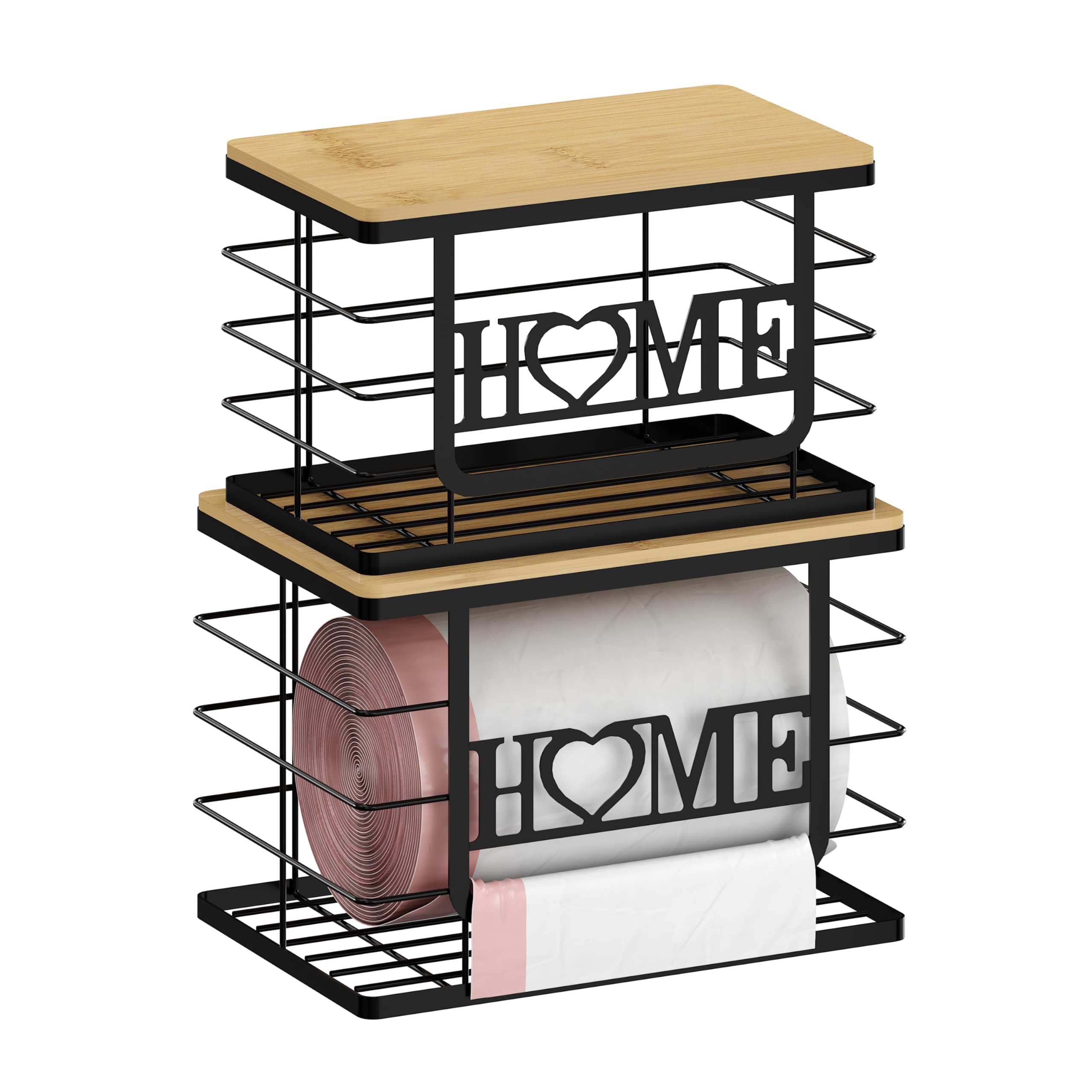 Trash Bag Holder, Thipoten Trash Bags Dispenser with Bamboo Top, Suitable for Garbage Bags Purchased Online or Supermarket, Perfect Storage Organizers for Cabinet, Under Sink (Black, 2pack-XL/L)