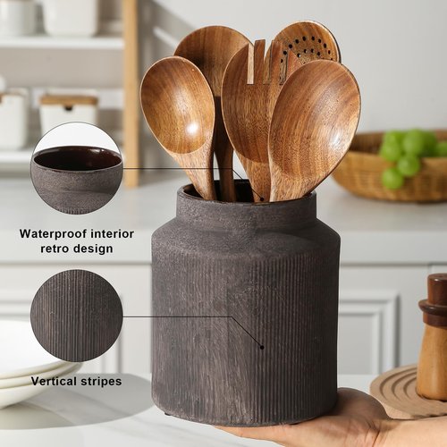 ATLZBLTCI Farmhouse Ceramic Farmhouse Kitchen Utensil Holder for Countertop, Rustic Cooking Utensil Holder Crock Fit for Kitchen Counter. 6.1 x 6.1 x 7 IN
