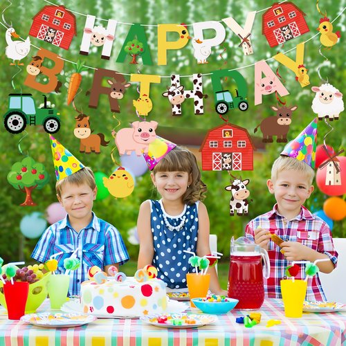 50 PCS Farm Animals Party Decorations Happy Birthday Banner and Hanging Swirls Animal Theme Foil Hanging Streamers for Farm Theme Birthday Party Supplies