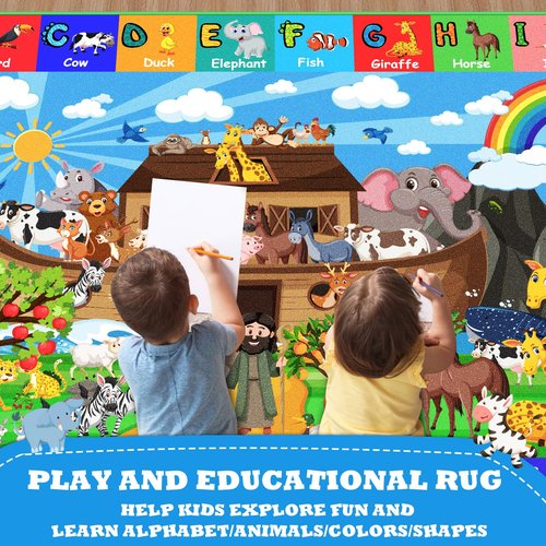 DINSUMRUG ABC Kids Rug for Playroom 59×39.4 in Noah's Ark Animals Rug Baby Play Mat Alphabet Mat Shape Color Classroom Carpet Kids Playroom Early Learning Carpet for Preschool Toddlers Tummy Time