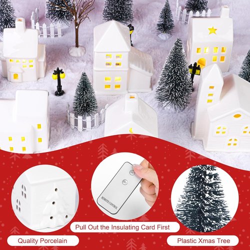 Fovths Christmas Village Set - 37-Piece Lighted Porcelain Houses with Remote Control LED Tealights & Accessories