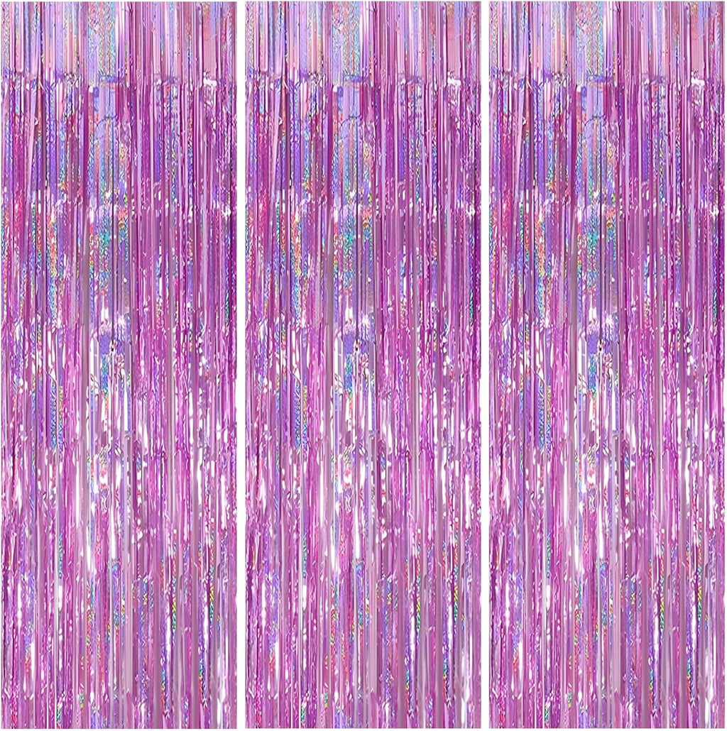 Skiennix Foil Curtain Backdrop - 3 Pack Tinsel Fringe Curtains for Parties | 3.3x6.6 ft Pink Decor