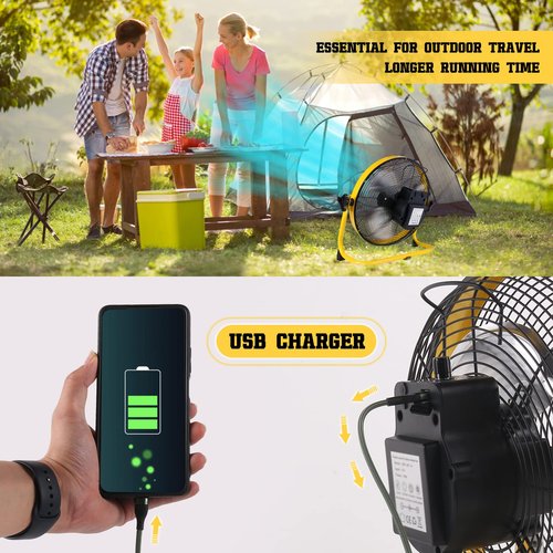 jdzhineng 12" Battery Operated Fan, 15000mAh Rechargeable Floor Fan with Metal Blades, Outdoor Cordless Fan for Camping, Travel, Home, and Emergency Use, Long-Lasting Runtime