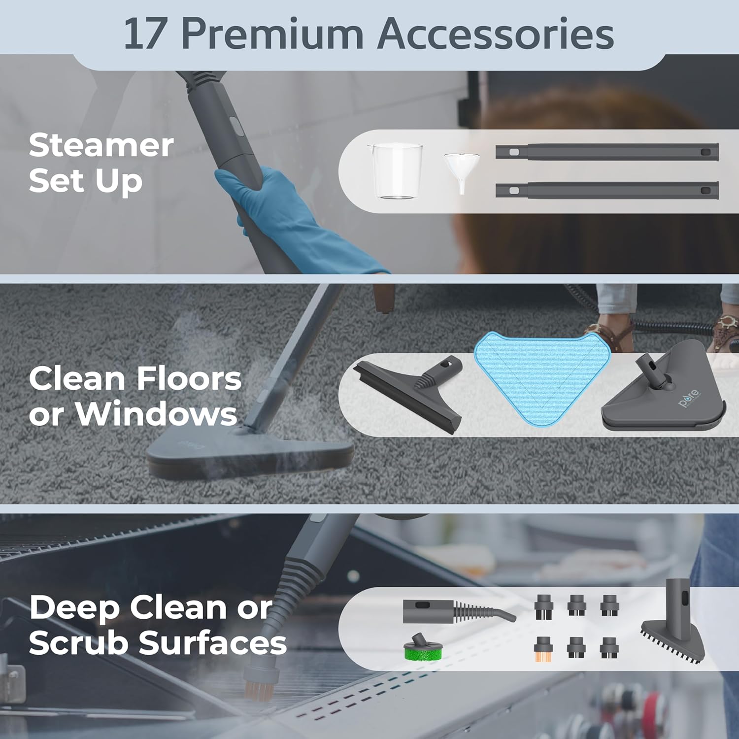 Pure Enrichment PureClean XL Rolling Steam Cleaner - 1.5L Heavy-Duty Steamer with 17 Accessories for Chemical-Free Deep Cleaning