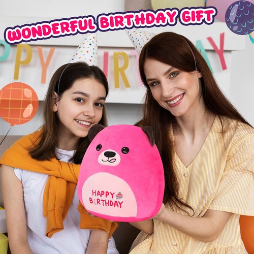 Mushymallow 12” Birthday Bear Plush Pillow Hot Pink Happy Birthday Pillow Soft Cute Bear Plush Toy Stuffed Animal Gifts for Kids