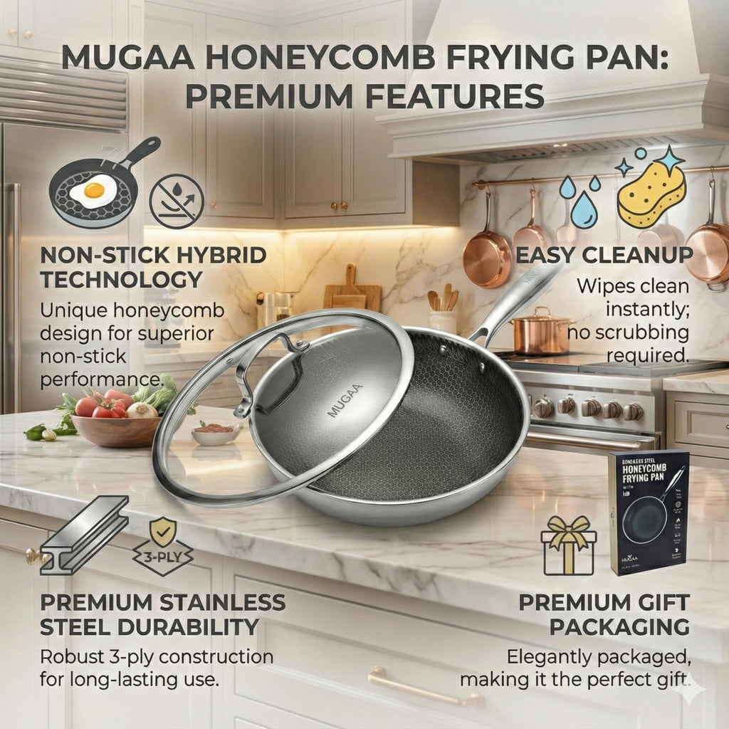 MUGAA 12 Inch Stainless Steel Frying Pan with Lid - Honeycomb Nonstick Skillet - PFOA-Free - Induction Compatible - Oven Safe to 450°F - Dishwasher Safe