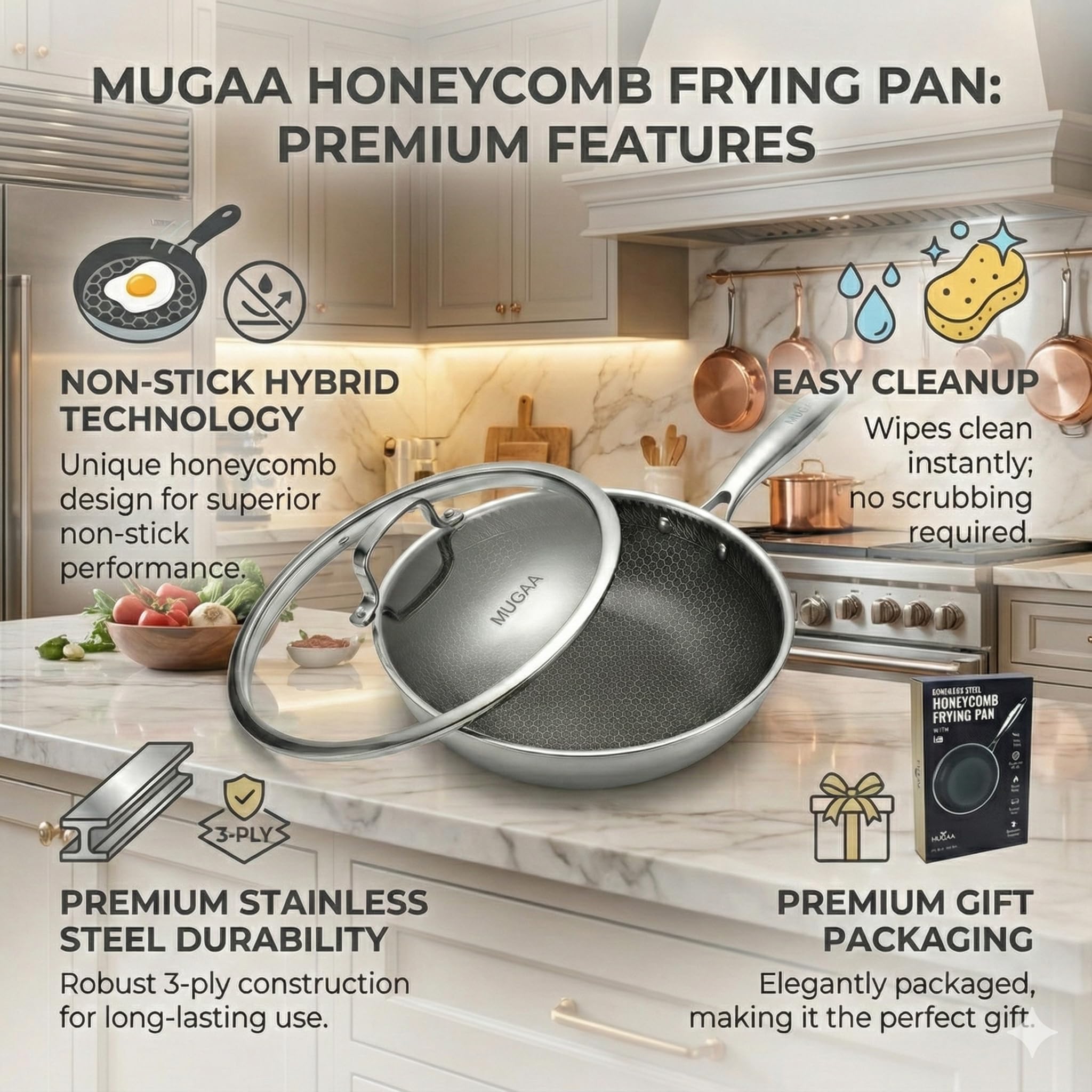 MUGAA 12 Inch Stainless Steel Frying Pan with Lid - Honeycomb Nonstick Skillet - PFOA-Free - Induction Compatible - Oven Safe to 450°F - Dishwasher Safe