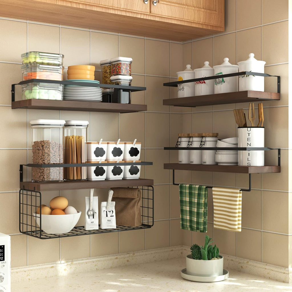 Wood Floating Shelves by [Brand Name] - Rustic Wall-Mounted 4-Tier Bathroom Shelf Set with Basket & Towel Bar