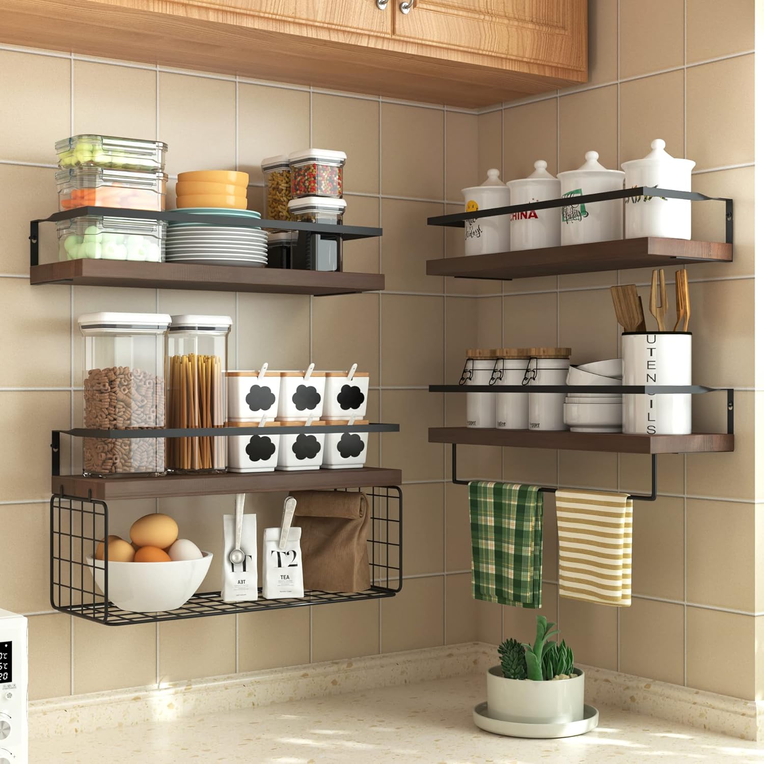 Wood Floating Shelves by [Brand Name] - Rustic Wall-Mounted 4-Tier Bathroom Shelf Set with Basket & Towel Bar