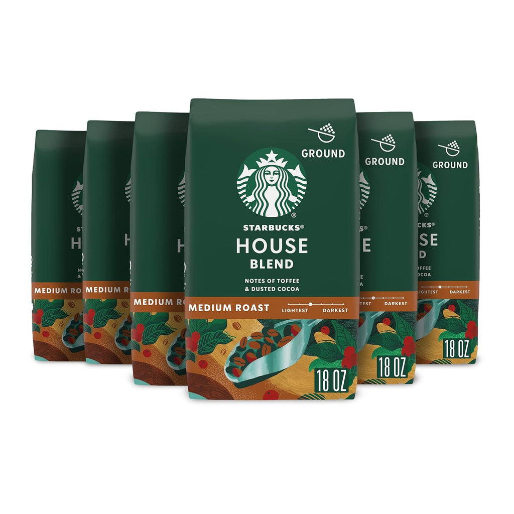 Starbucks Ground Coffee - Medium Roast House Blend | Six 18 oz Bags for Hot or Iced Coffee
