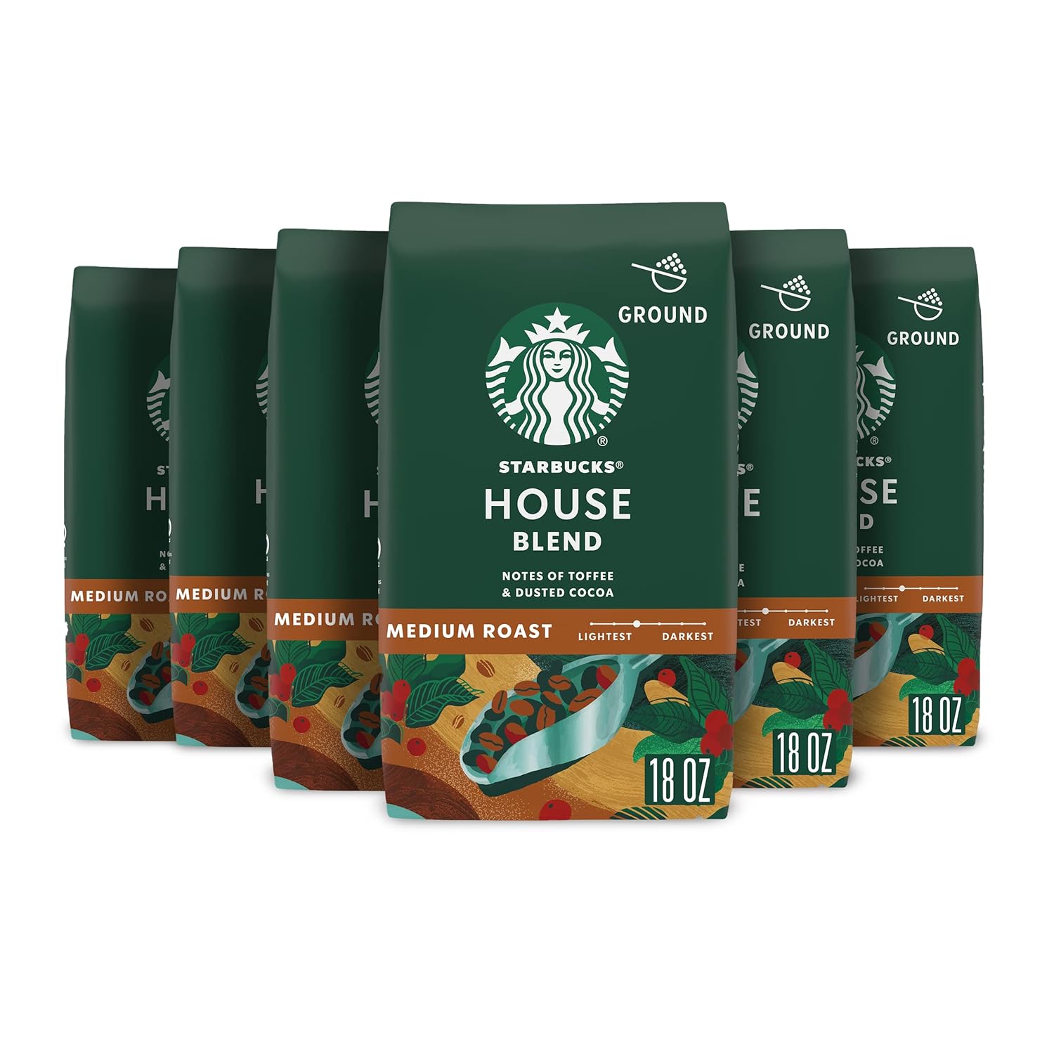Starbucks Ground Coffee - Medium Roast House Blend | Six 18 oz Bags for Hot or Iced Coffee