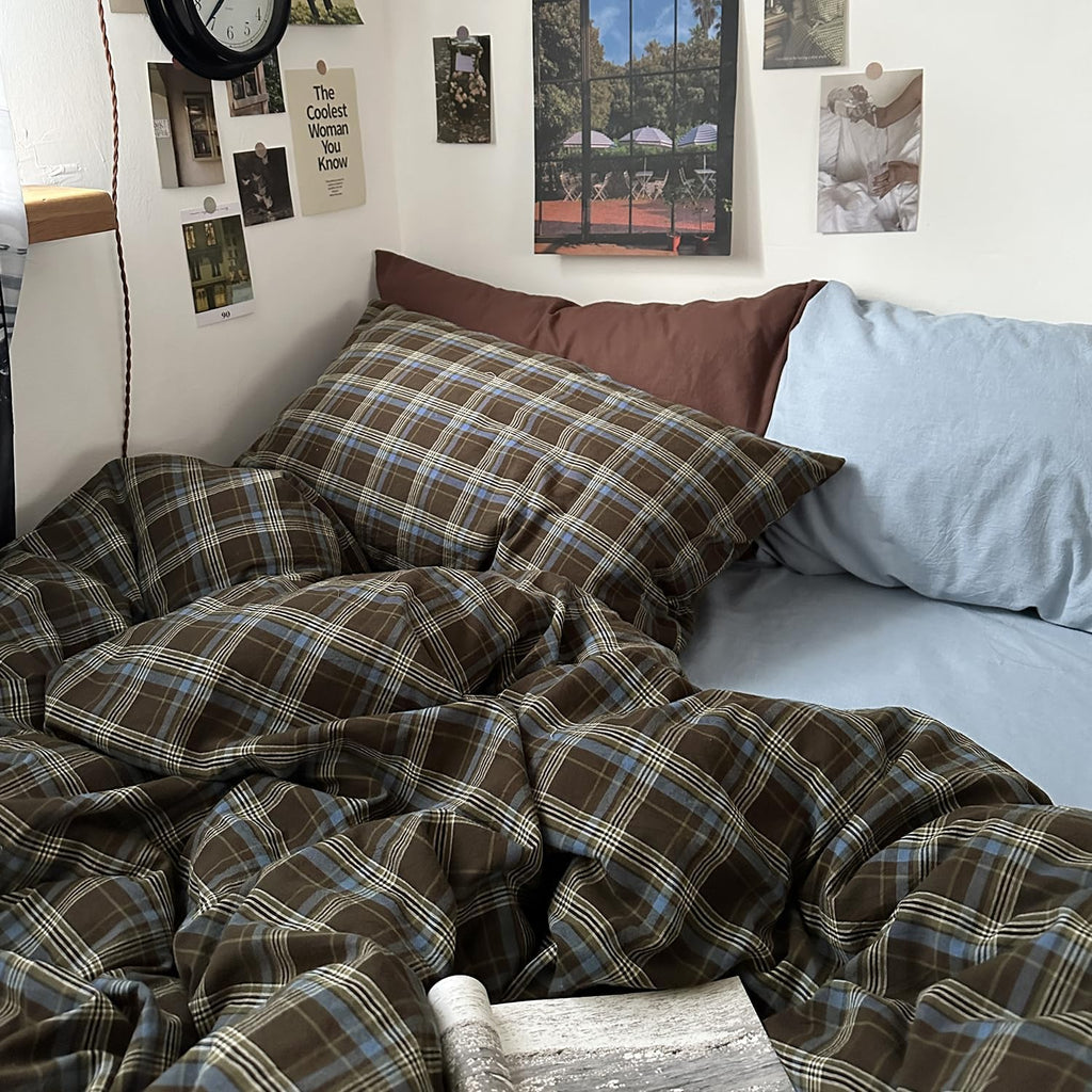 Mixinni Vintage Buffalo Plaid Duvet Cover Set - Soft & Breathable 3-Piece Queen Bedding in Brown & Blue