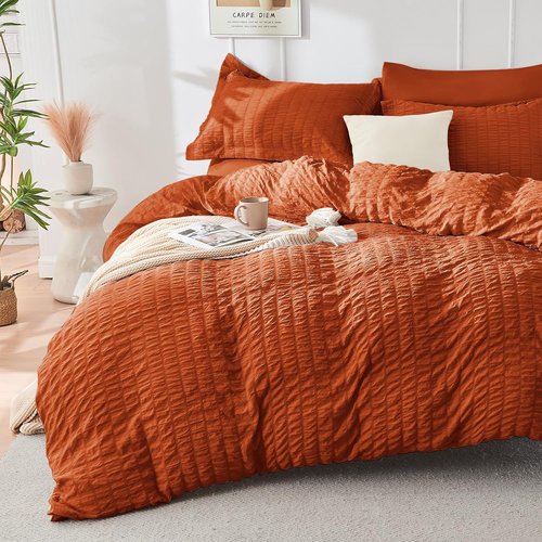 HYMOKEGE Twin Comforter Set - Burnt Orange Seersucker 5-Piece Luxury Bedding Set | All-Season Comfort