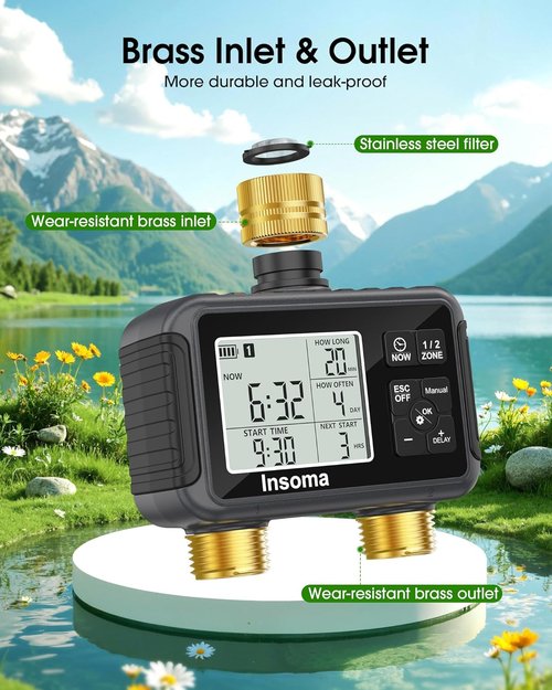 Insoma Water Timer - Brass Inlet & Outlet | 2-Zone Outdoor Hose Timer for Garden Irrigation