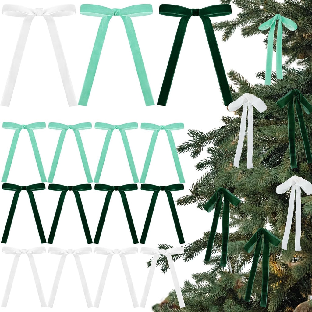Skiennix 24 Pcs Velvet Bows - Vintage Ribbon Bows for Christmas Tree & Crafts | Dark Green, Beige, Sage Green (5 x 7 Inch)