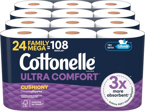 Cottonelle Ultra Comfort Toilet Paper - Cushiony Cleaning Ripples Texture, 24 Mega Rolls (108 Regular Rolls)