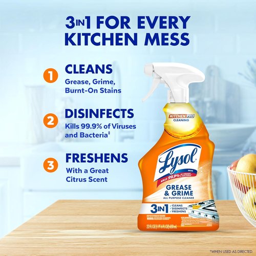Lysol Pro Kitchen Spray Cleaner - Antibacterial All-Purpose Degreaser for Kitchens | Citrus Scent, 22oz