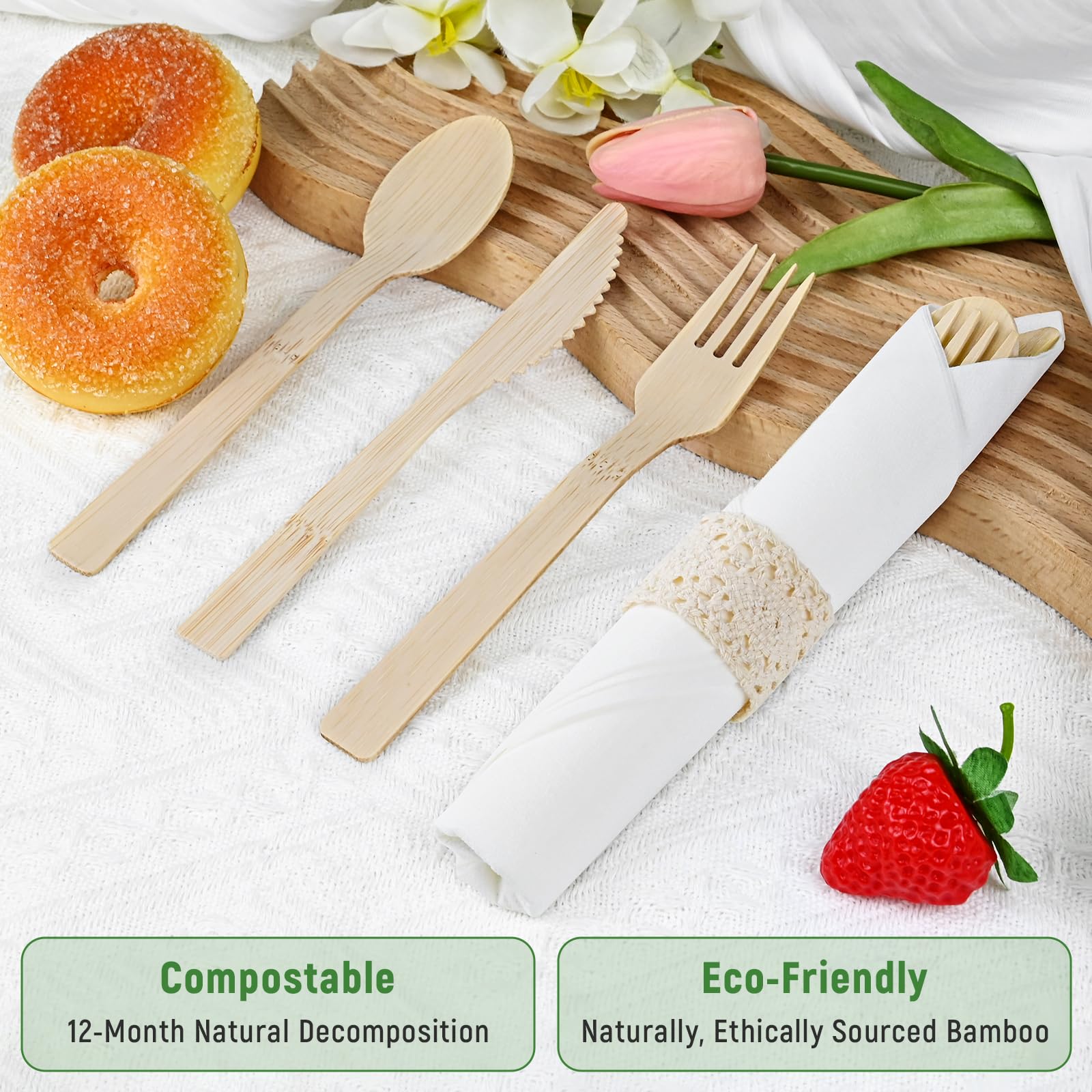 100Pack Pre Rolled Bamboo Utensils - Pre Rolled Bamboo Cutlery Set(100 Forks, 100 Knives, 100 Spoons, 100 Napkins), Wrapped Wooden Cutlery, Biodegradable Wrapped Cutlery for Party, Wedding, Events