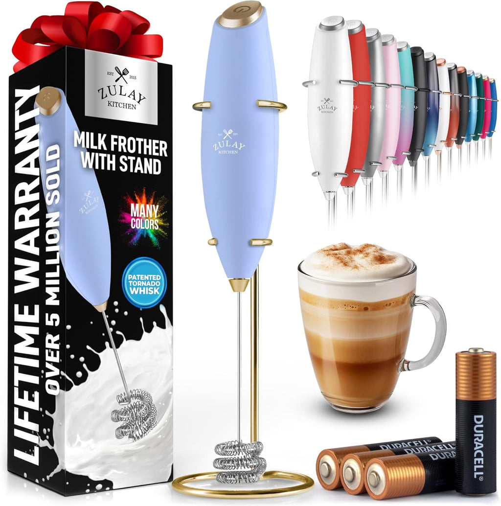 Zulay Kitchen Tornado Triple Whisk Milk Frother - Handheld Foam Maker for Coffee & Lattes - Lavender Color with 4 Duracell Batteries