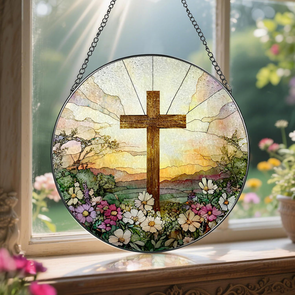 Skiennix 8-Inch Stained Glass Cross Suncatcher - Beautiful Wildflower Design for Home Decor