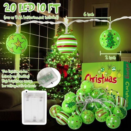 GYGOT Christmas String Light,20 LED 10 Ft Battery Operated String Lights,Green Decorations for Christmas Tree Decor