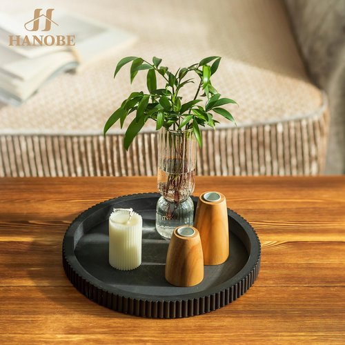 Hanobe Decorative Tray for Coffee Table: 12" Black Round Centerpiece Tray for Home Decor - Wood Modern Farmhouse Decor for Living Dining Room Kitchen Island Tabletop