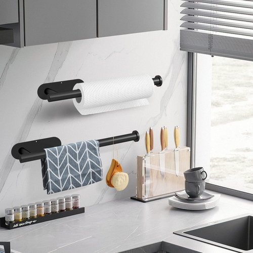 DEKAVA Paper Towel Holder - Under Cabinet Wall Mount, Self-Adhesive SUS304 Stainless Steel, 13 Inch (Black)