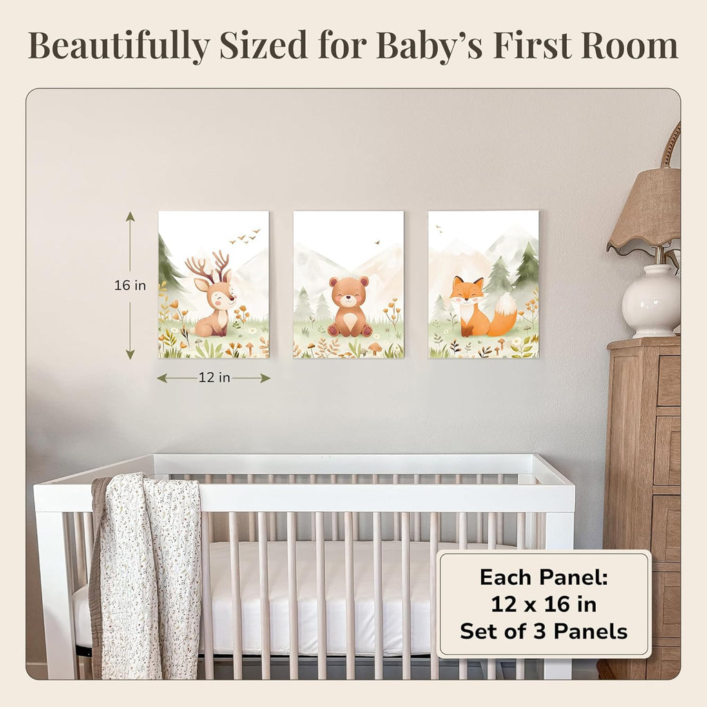 Woodland Nursery Wall Art - Set of 3 Neutral Animal Canvas Prints | 12x16 Inch Framed Decor for Baby Rooms