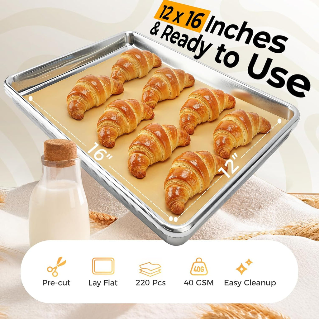 Vailnd Unbleached Parchment Paper Sheets - 220 Pcs Non-Stick, Lay Flat, 12'' x 16'' for Baking & Cooking