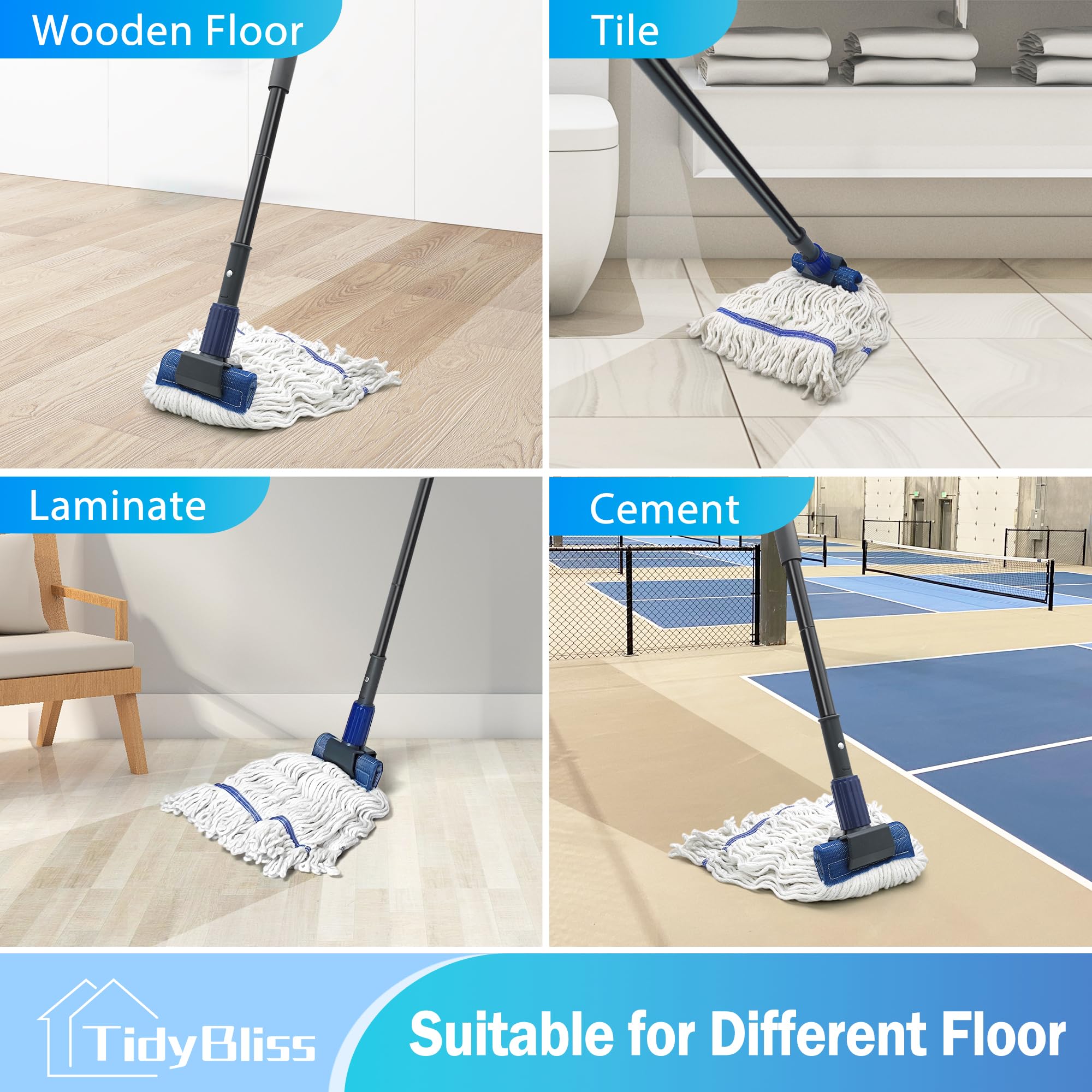 TidyBliss Commercial Mop Heavy Duty, 57.5 inches Long Handle Large Looped-End Industrial String Mop, Professional Dry Wet Cotton Mop for Cleaning Concrete Tile Hardwood Floor Shop Office Garage