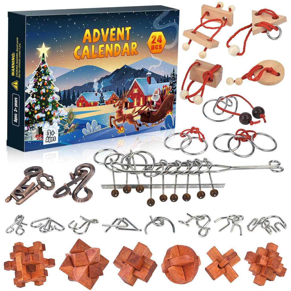 Advent Calendar 2025 Brain Teaser Puzzles for Adults Teens Kids, 24 Pcs Metal & Wood Puzzle Christmas Countdown Calendar with Fun Challenges Toys Game, Xmas Gifts for Boys Girls Teens Adults