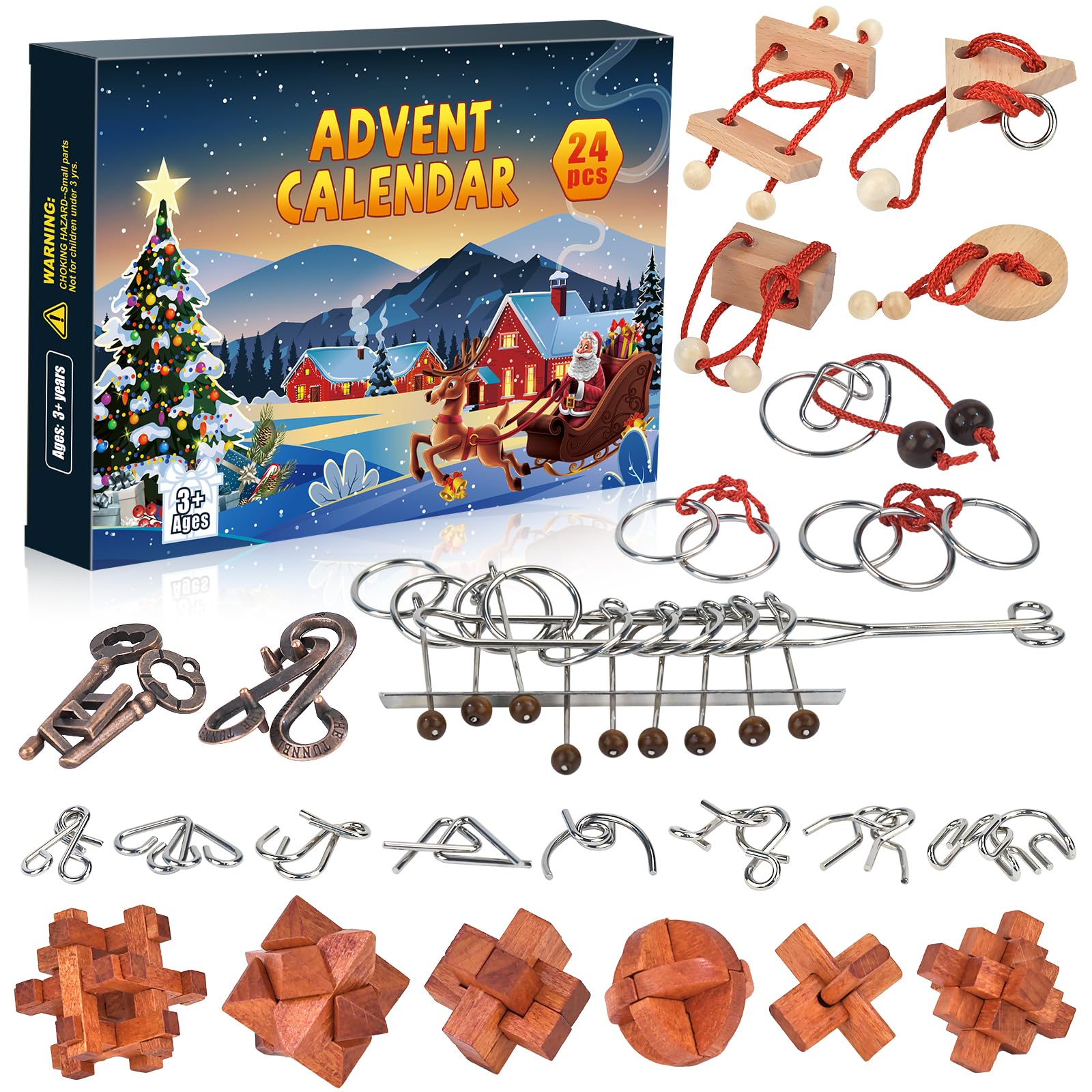 Advent Calendar 2025 Brain Teaser Puzzles for Adults Teens Kids, 24 Pcs Metal & Wood Puzzle Christmas Countdown Calendar with Fun Challenges Toys Game, Xmas Gifts for Boys Girls Teens Adults