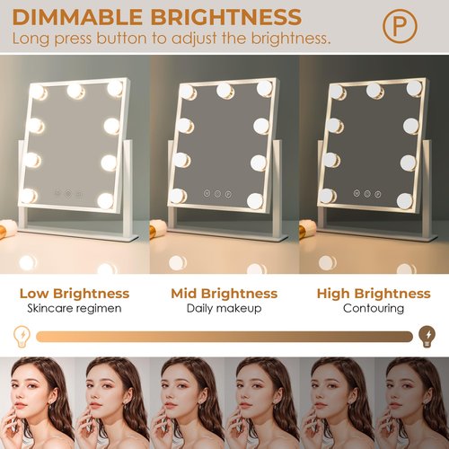 LuxeVue Vanity Mirror with Lights, Makeup Mirror with 3 Lighting Modes, Light Up Mirror with Touch Sensor, AC-Powered, 360 Rotatable, Metal Frame, with Detachable 10X Magnifying Spot Mirro, 14.1"