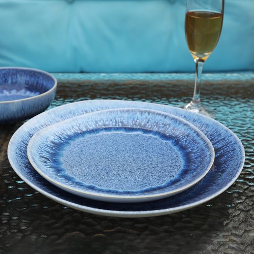 Dafuceramic 12 Pieces Stoneware Dinnerware Set, Modern Reactive glaze Dish Set for 4, Premium Serving Plates and Bowls Sets,Series MOON(SKY BLUE)