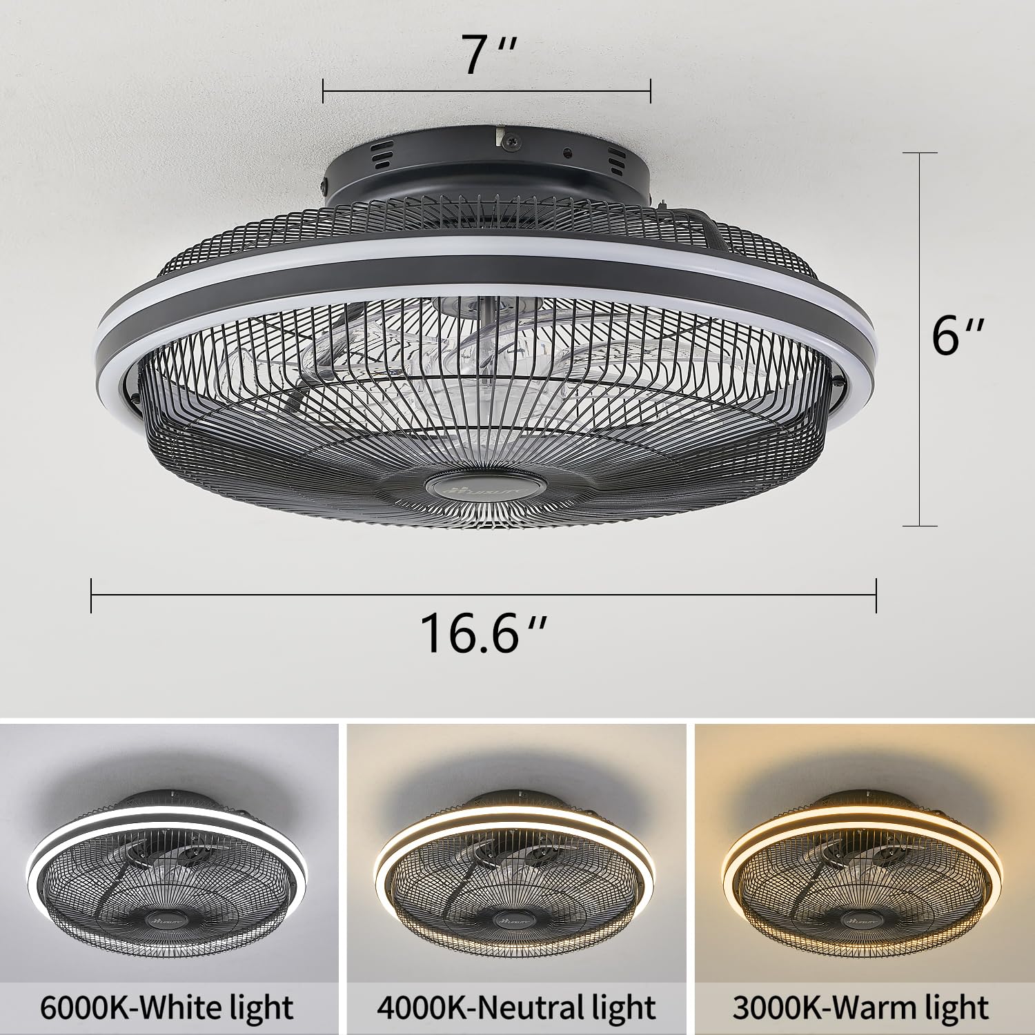 HuixuTe 21 in Modern Ceiling Fan with Light Remote Control, 3 Colors 3 Speeds Enclosed Low Profile FUSH Mount Ceiling Fan with Light for Bedroom Living Room