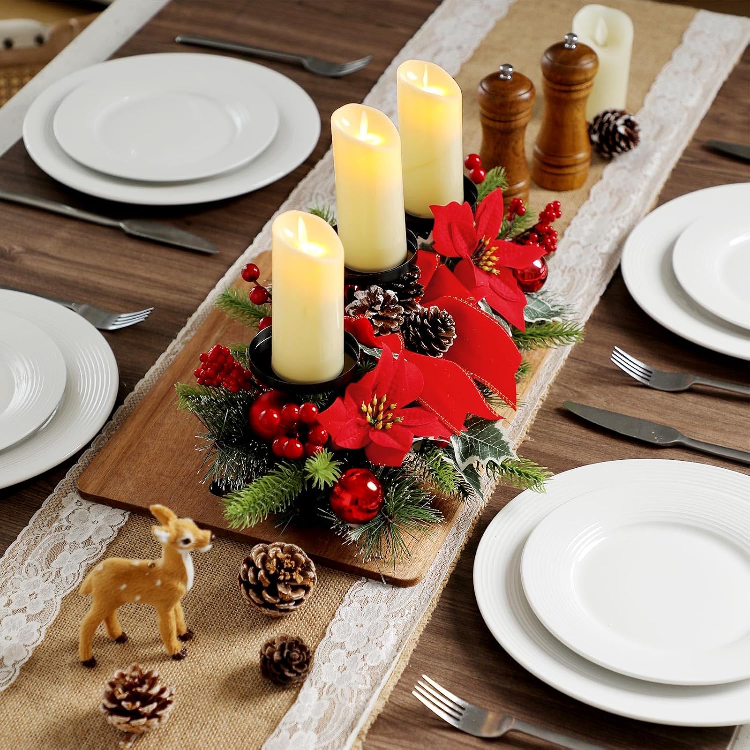 Regine Switzerland Christmas Centerpiece - 3 Candle Holders with LED Candles & String Lights | Poinsettia Red Buffalo Plaid Decor