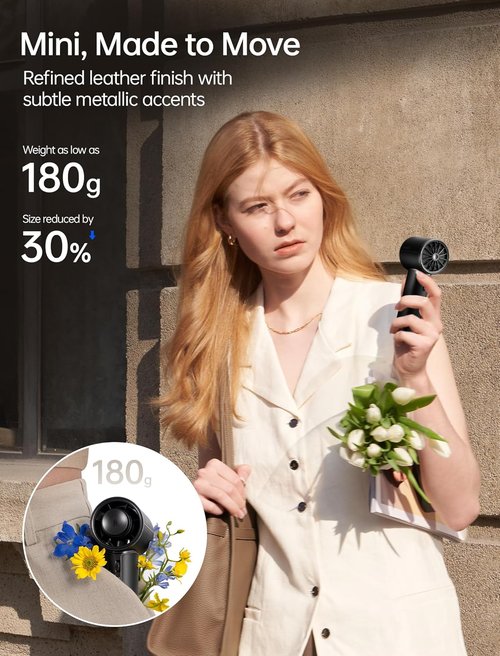 JISULIFE Handheld Fan Pro1 Mini - Elite PU Leather Design, 30-Hour Cooling Power | Portable Black Fan for Travel & Outdoor