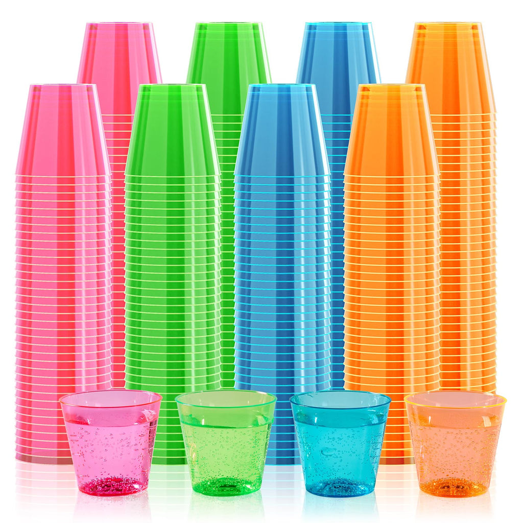 300Pack 1 Oz Plastic Shot Glasses Set, Neon Party Mini Shot Glasses Bulk, Durable and Reusable, Small Disposable Plastic Cups for Vodka, Whiskey, and More