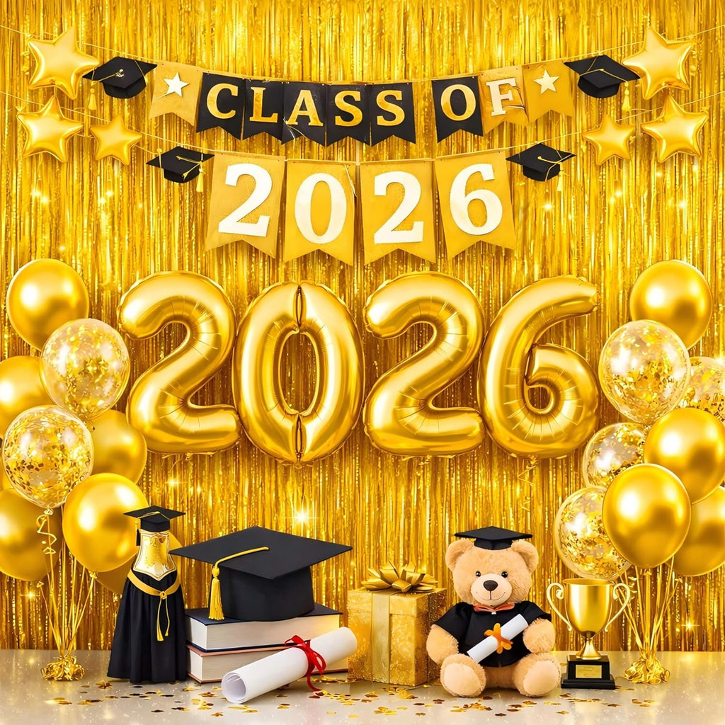 Melsan Graduation Decorations 2026 - Foil Fringe Curtains | 3 Pack Gold Tinsel Backdrop 3.2 x 8.2 ft