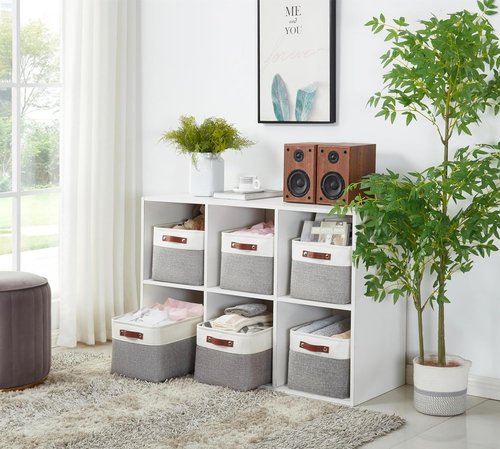 DECOMOMO Storage Baskets - Stylish Fabric Organizers for Shelves | Large Grey & White - 3 Pack