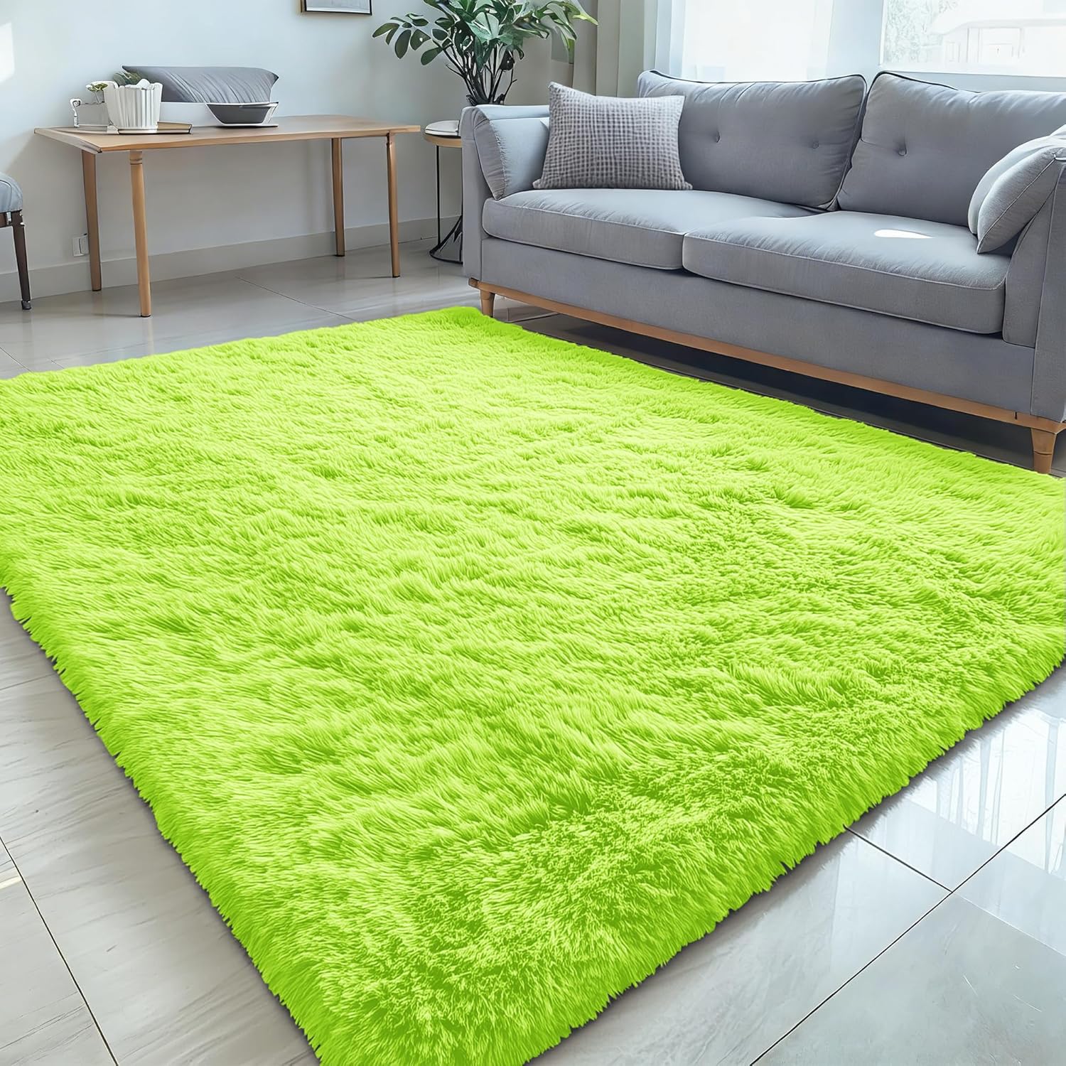 OLANLY Large 5x8 Machine Washable Area Rug - Soft Fluffy Shaggy Indoor Carpet for Living Room & Bedroom | Lime Green
