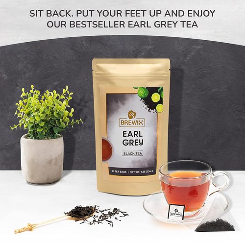 BREWIX Earl Grey Tea Bags - Long Leaf Indian Black Tea with Bergamot | 22 Pyramid Bags in Resealable Pouch