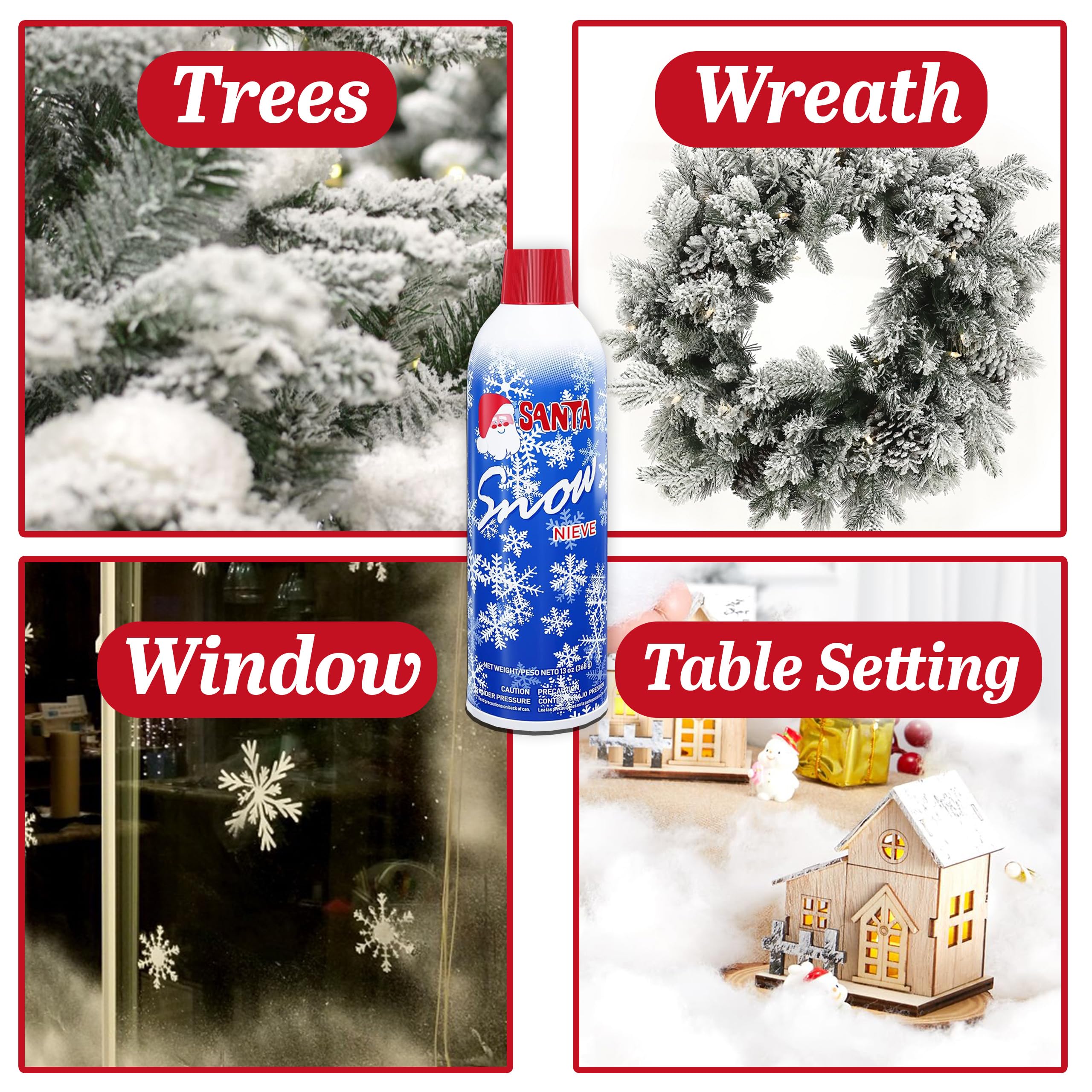 Christmas Santa Snow Spray, 2 Pack Artificial Snow for Holiday Decor, Fake Snow Effect for Christmas Tree, Wreaths, Windows, Winter Theme Indoor and Outdoor Decoration, 13 oz. Spray Bottles