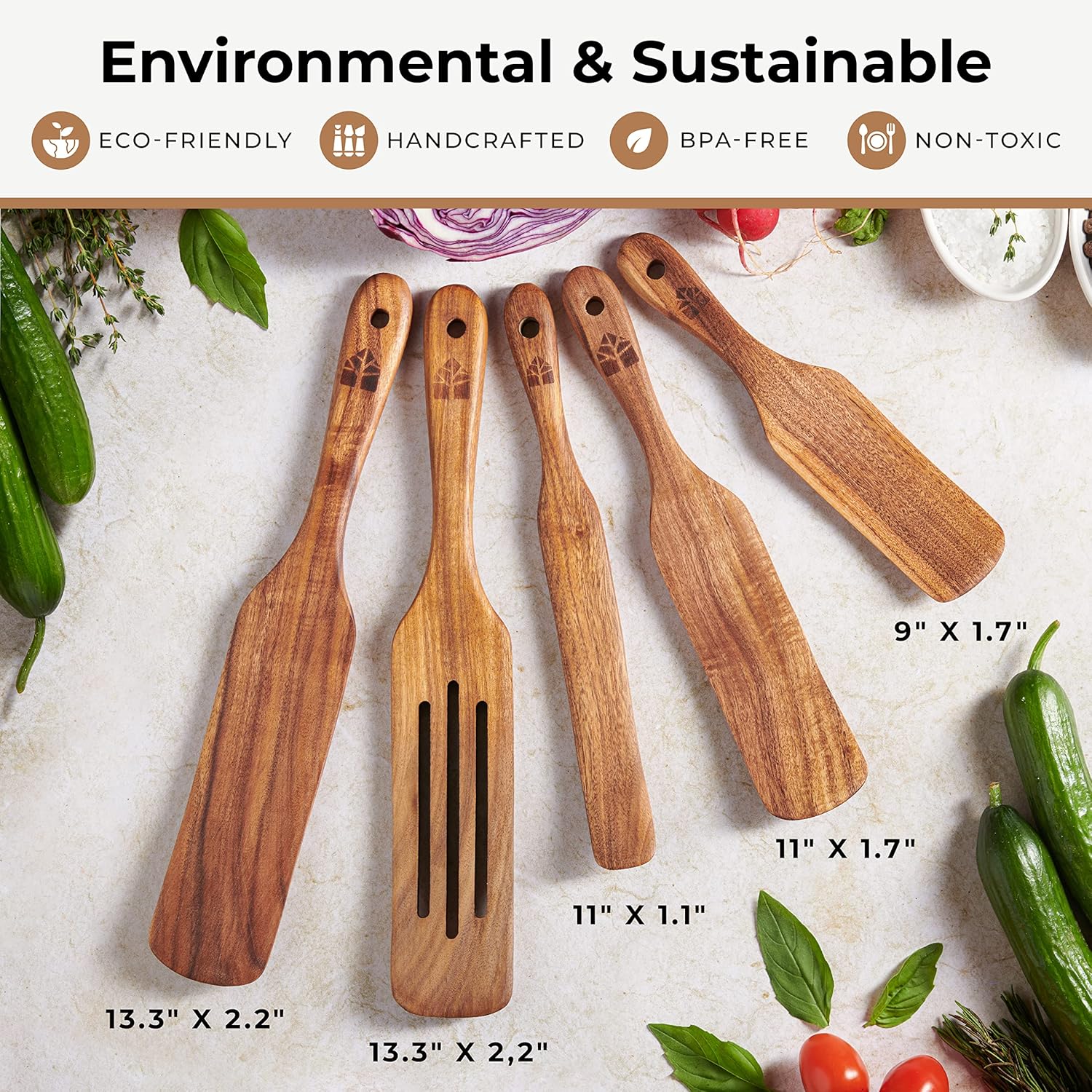 Woodenhouse Teak Spurtle Set of 5 - Versatile Kitchen Tools for Serving, Stirring, Mixing & Scraping