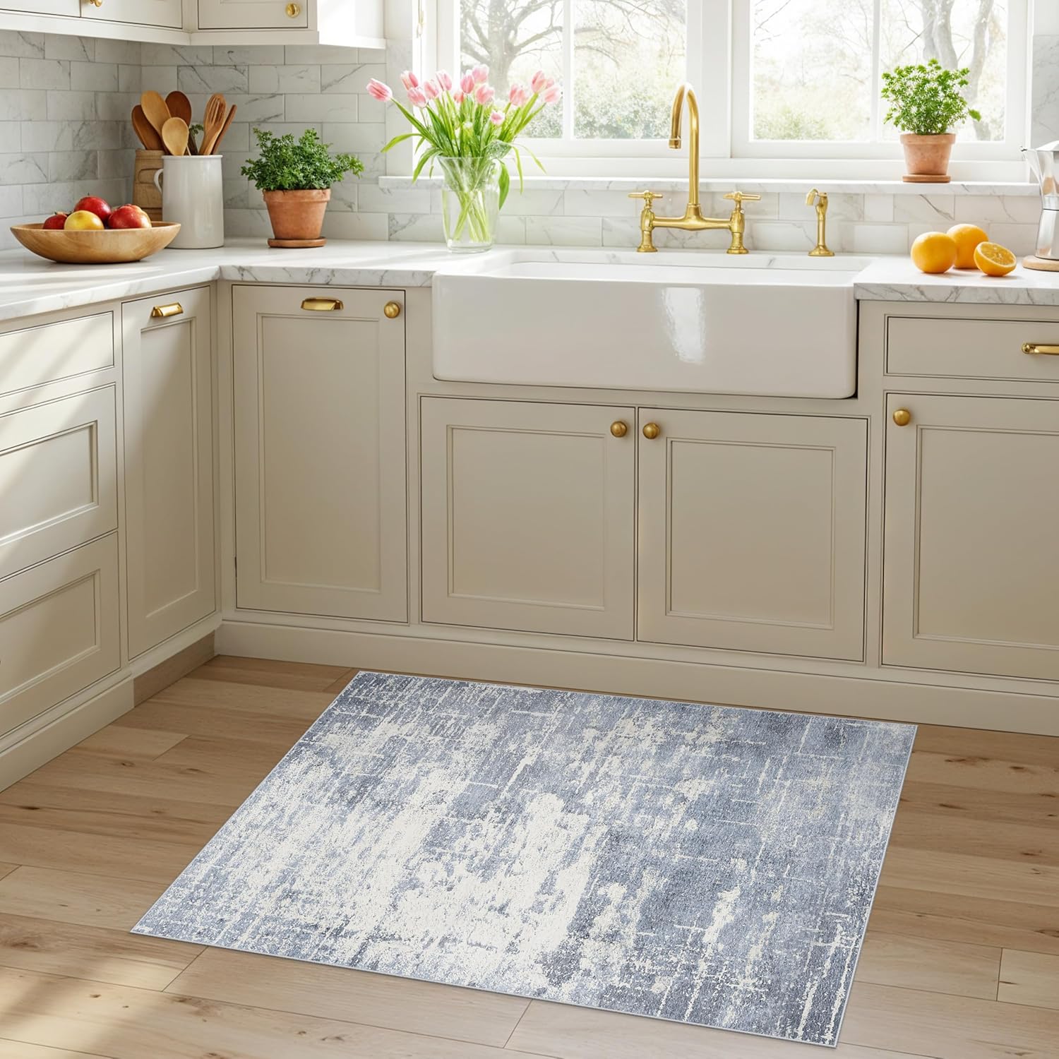 Skiennix Washable 2x3 Entryway Area Rug - Modern Abstract Soft Non-Slip Floor Mat in Blue/Ivory